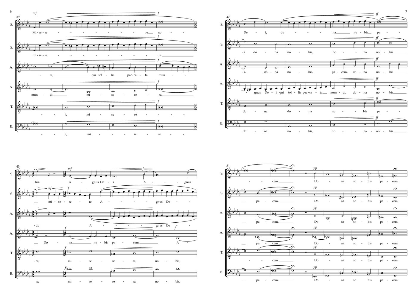 Agnus Dei (Samuel Barber) Notenvorschau — SSAATB-Chorpartitur am Fortissimo-Höhepunkt, Takte 39–56