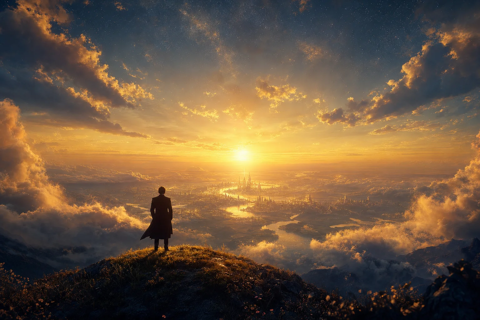 A figure on a hilltop gazing at a luminous golden dream-city — A Million Dreams
