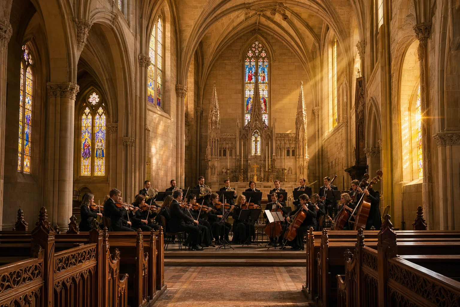 Kammerorchester in einem sonnendurchfluteten europäischen Kirchenschiff, Streicher und Blech nahe dem Altar, goldenes Licht durch hohe Buntglasfenster