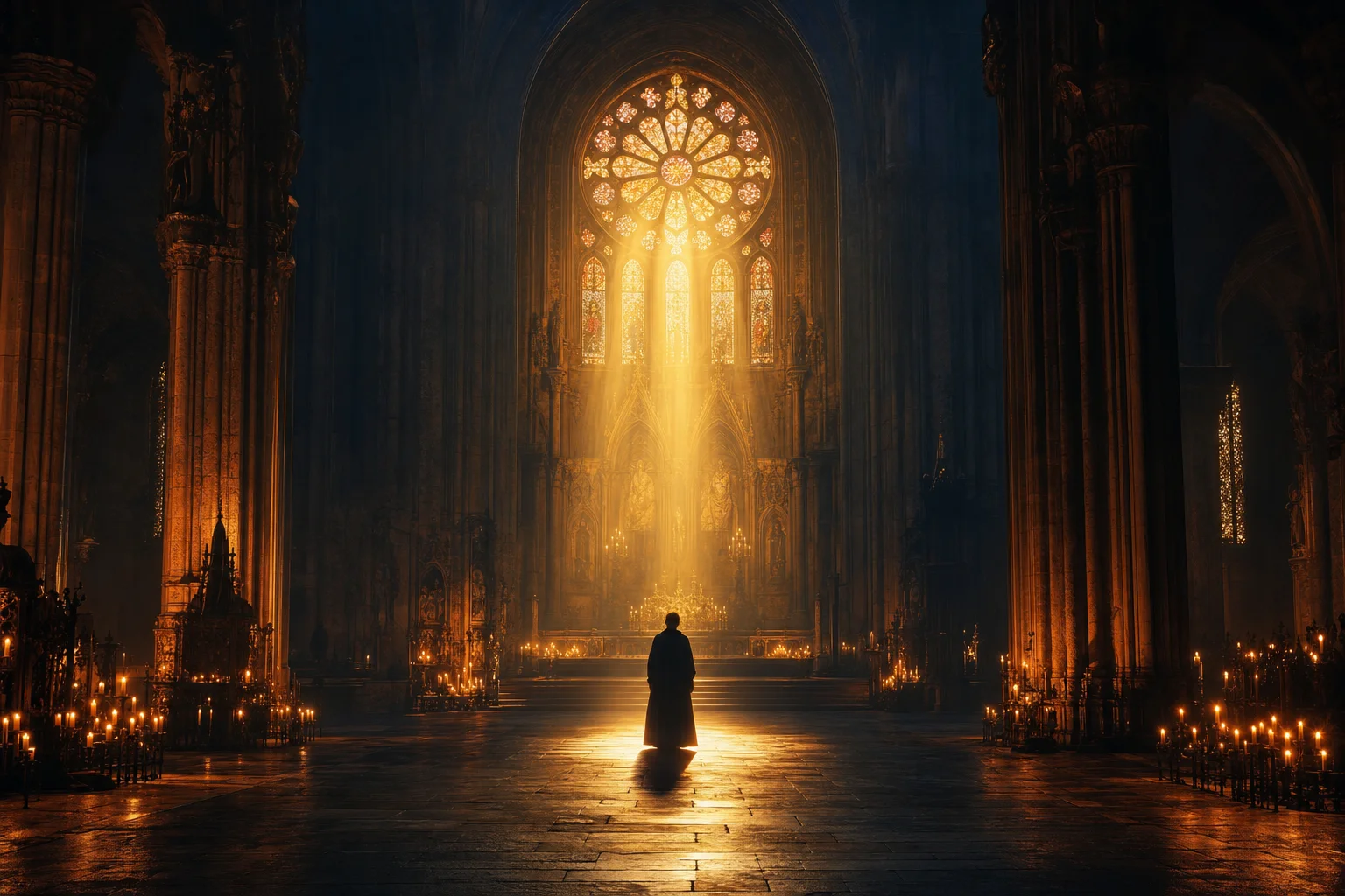 Eine einzelne Gestalt in einer kerzenerleuchteten Kathedrale unter einer Fensterrose — Leonard Cohens Hallelujah