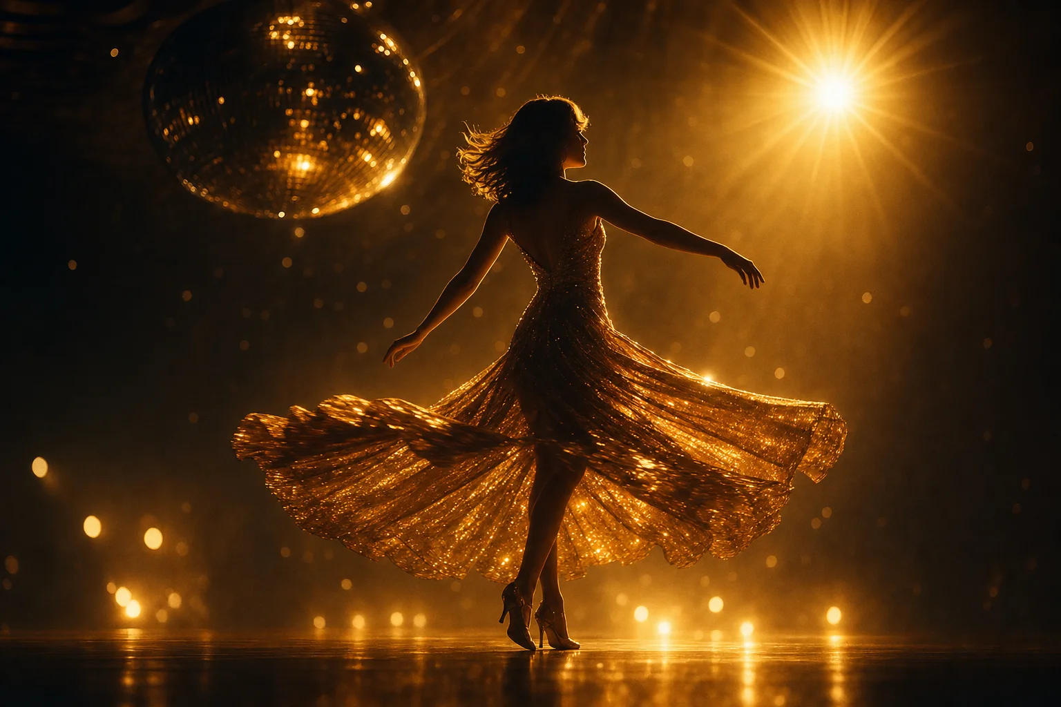 Eine Tänzerin im goldglitzernden Kleid dreht sich unter einer Discokugel — ABBAs Dancing Queen