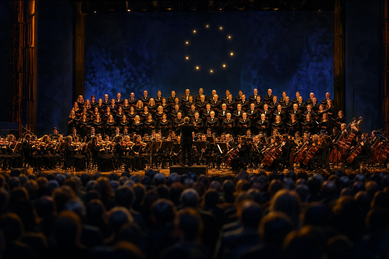 Sinfonieorchester und großer Chor auf einer Konzertbühne vor vollem Saal, über der Bühne ein Kreis aus zwölf Lichtpunkten