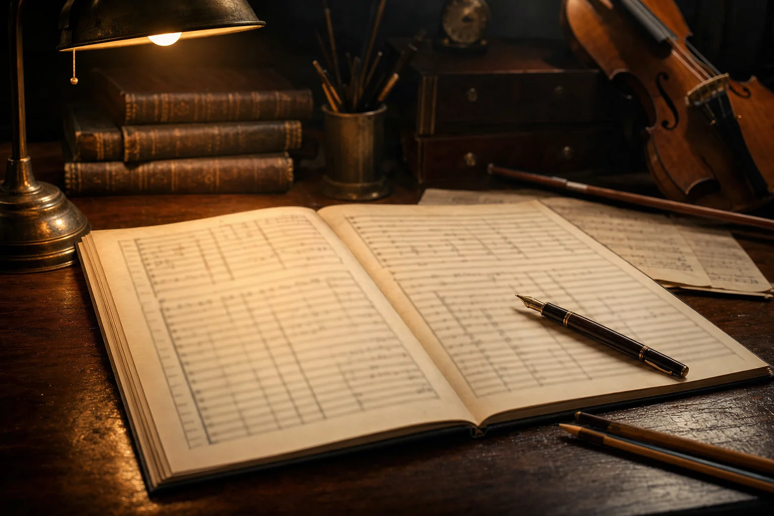 An open orchestral manuscript score and a fountain pen on a desk under warm lamplight — the craft of arranging