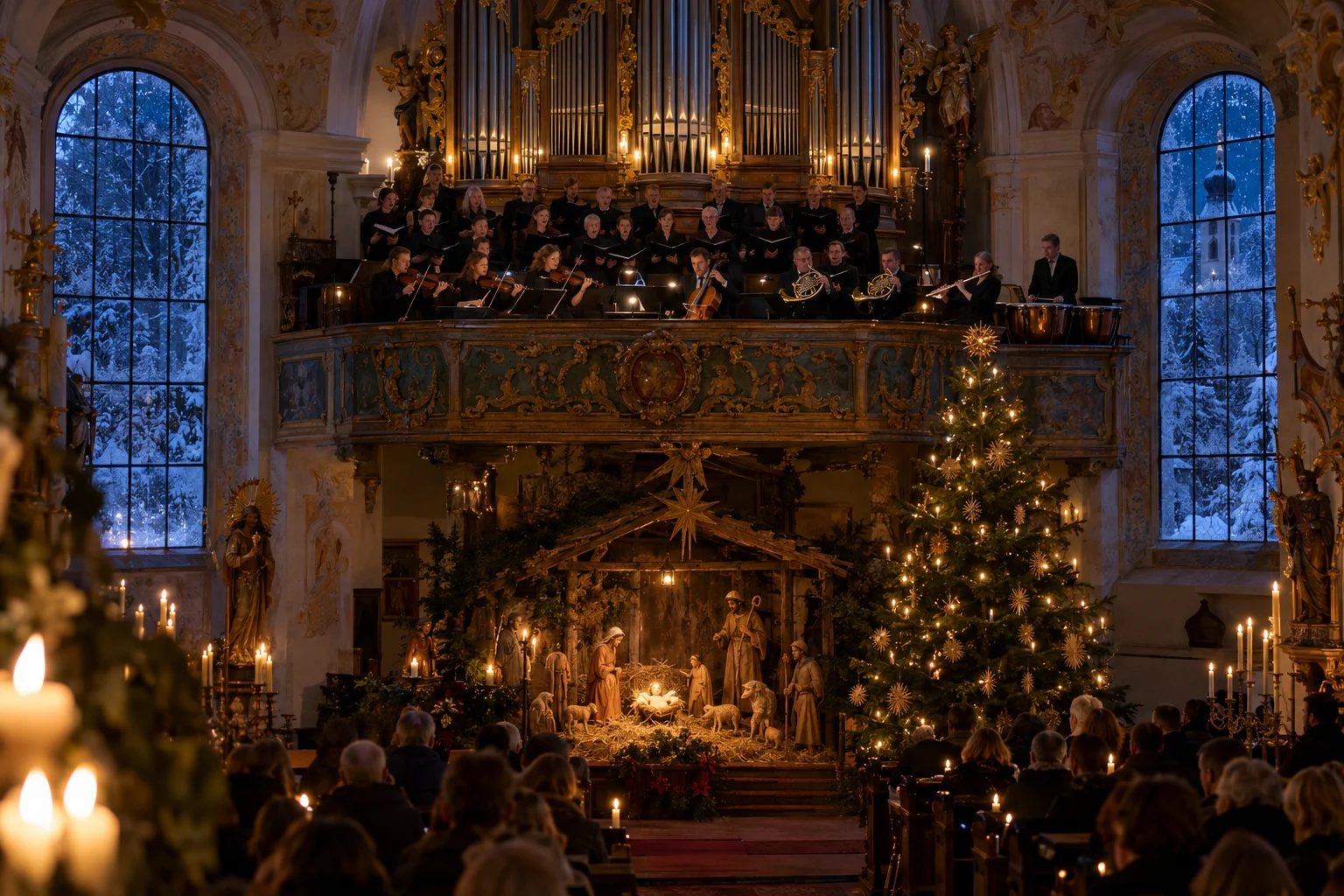 Christmette in einer barocken bayerischen Dorfkirche: Chor und kleines Orchester auf der Orgelempore, darunter Krippe und Christbaum im Kerzenlicht