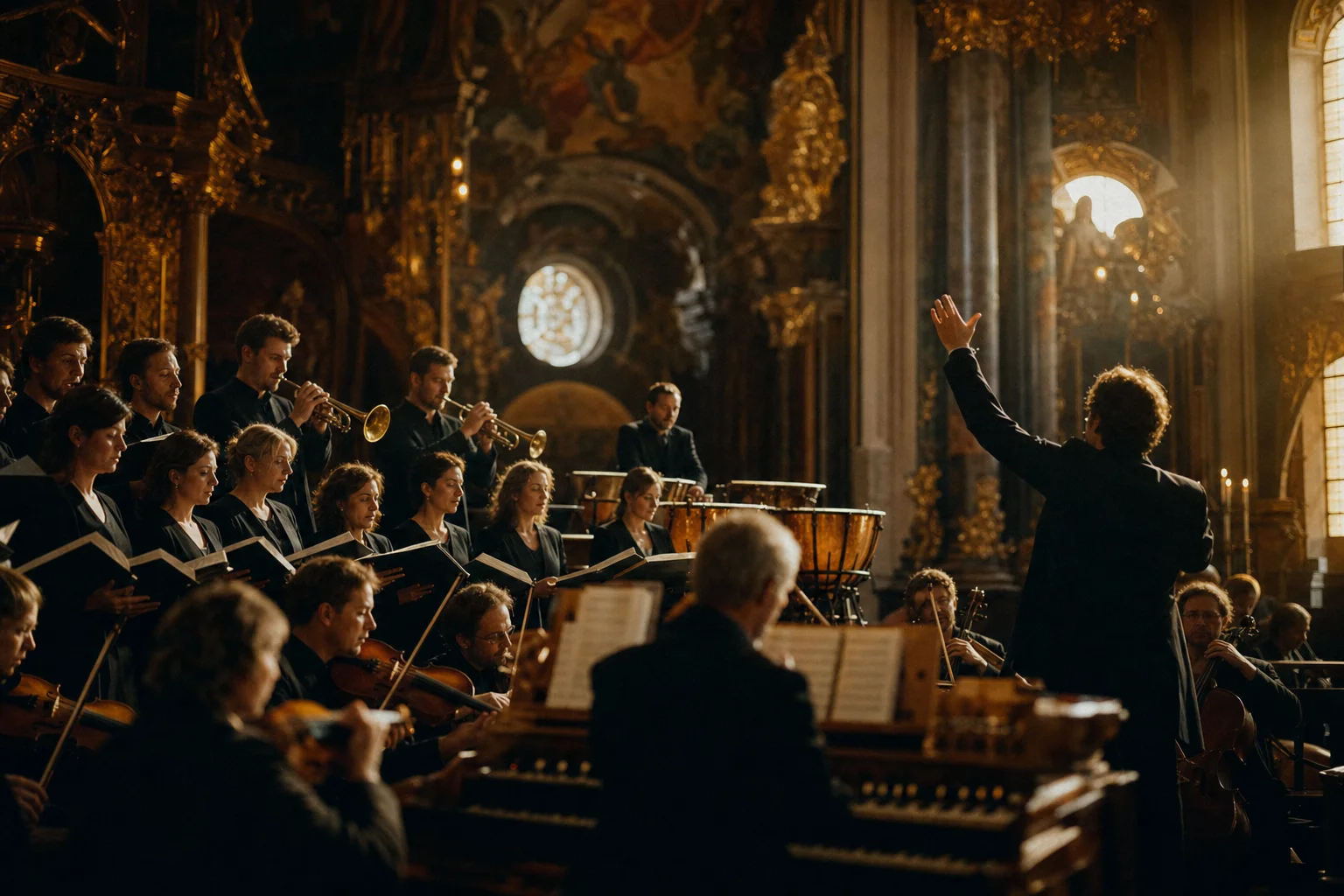 Choir, strings, trumpets and timpani performing a Mozart mass from the organ gallery of an ornate Austrian baroque church in warm golden light
