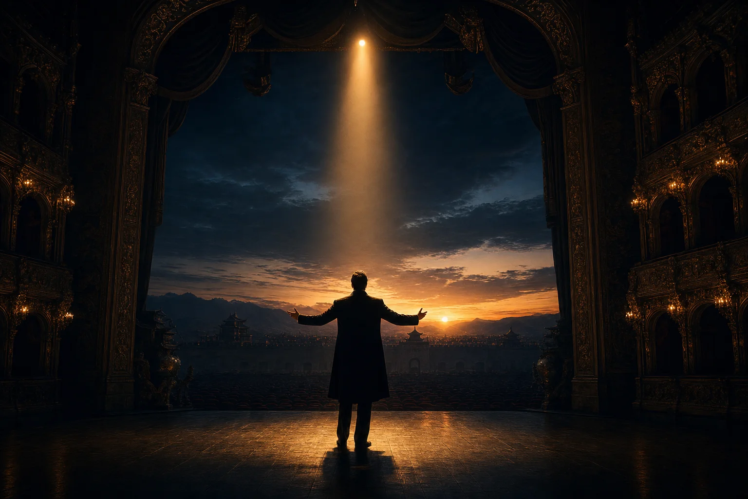 A solo tenor performing Puccini's Nessun Dorma on a grand opera stage at dawn