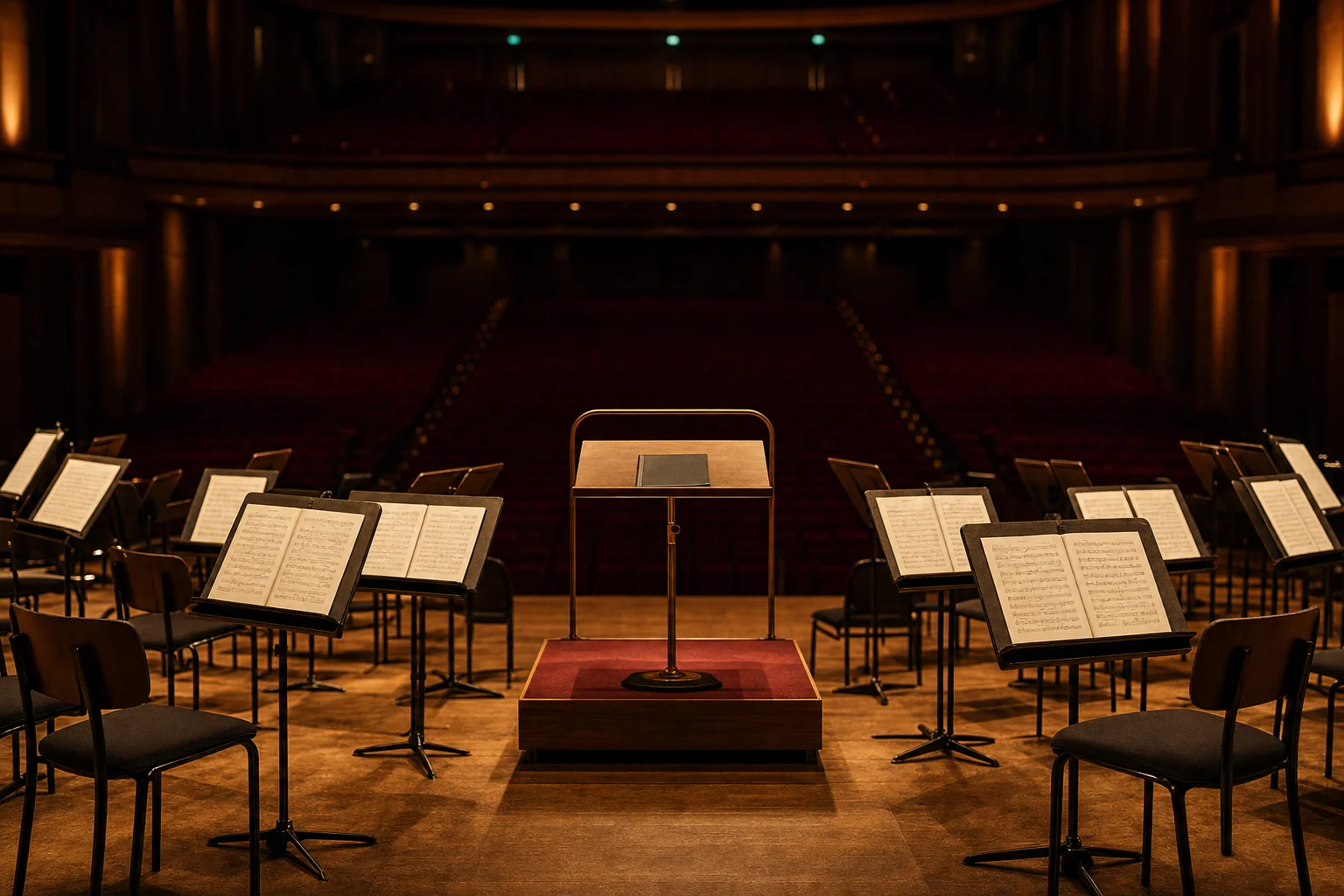 Empty concert hall stage set with music stands and chairs before a season-opening rehearsal