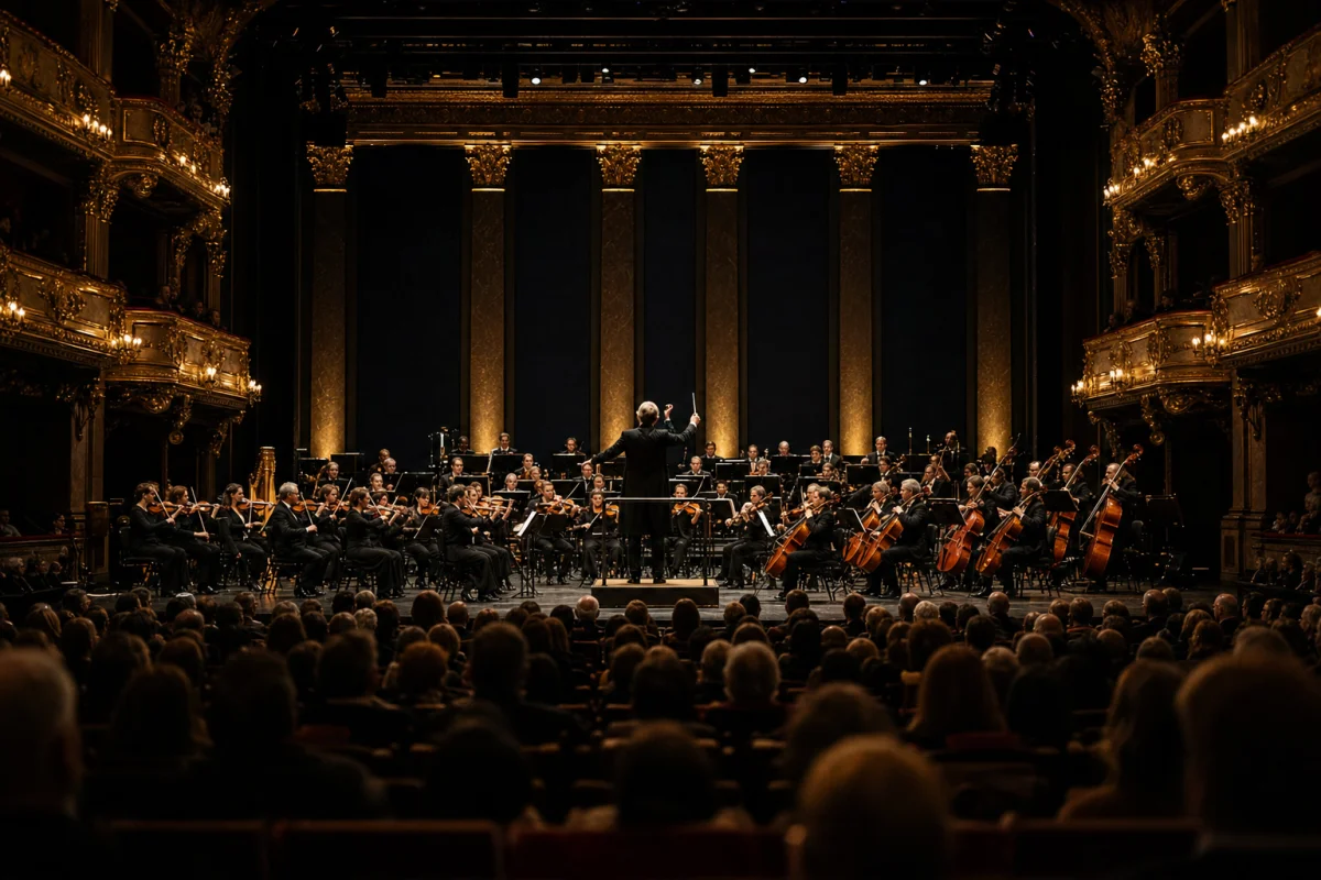 Full symphony orchestra performing a season opening concert in a grand hall, conductor with raised baton under warm gold stage lighting