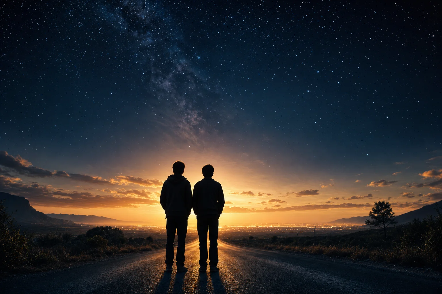 Zwei Gestalten Seite an Seite auf einer Straße unter dem Sternenhimmel — Stand by Me