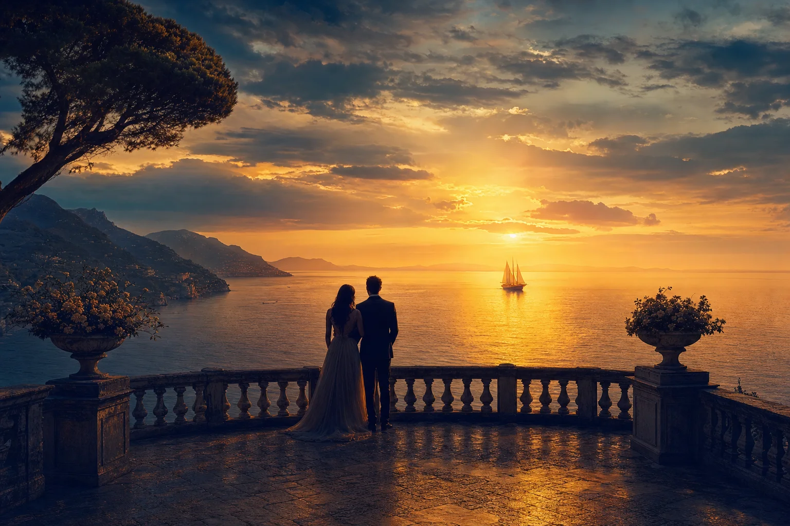 A couple on a Mediterranean terrace watching a ship sail into the sunset — Time to Say Goodbye