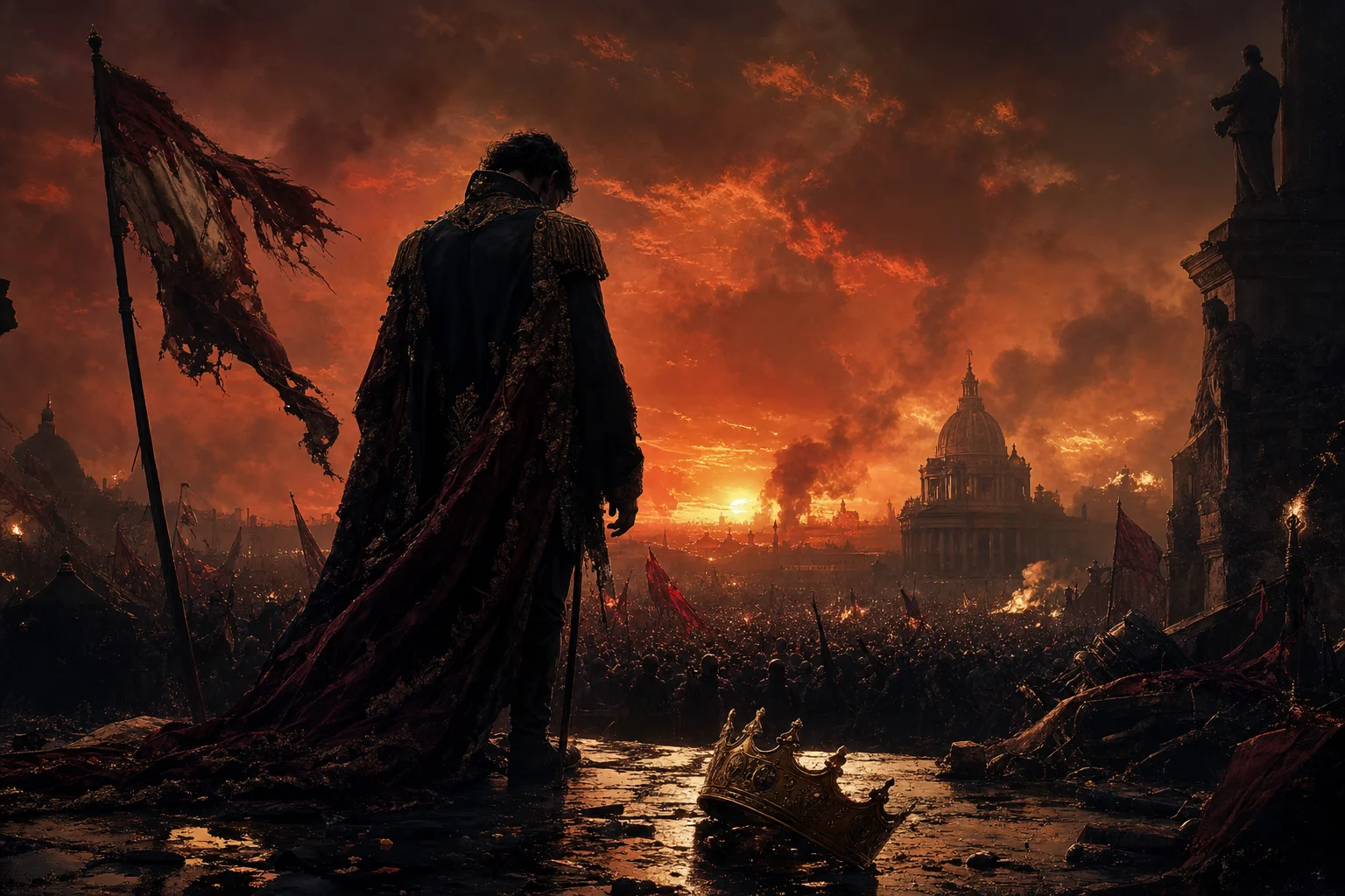 Ein gestürzter König blickt bei Sonnenuntergang über eine brennende Stadt — Coldplays Viva la Vida