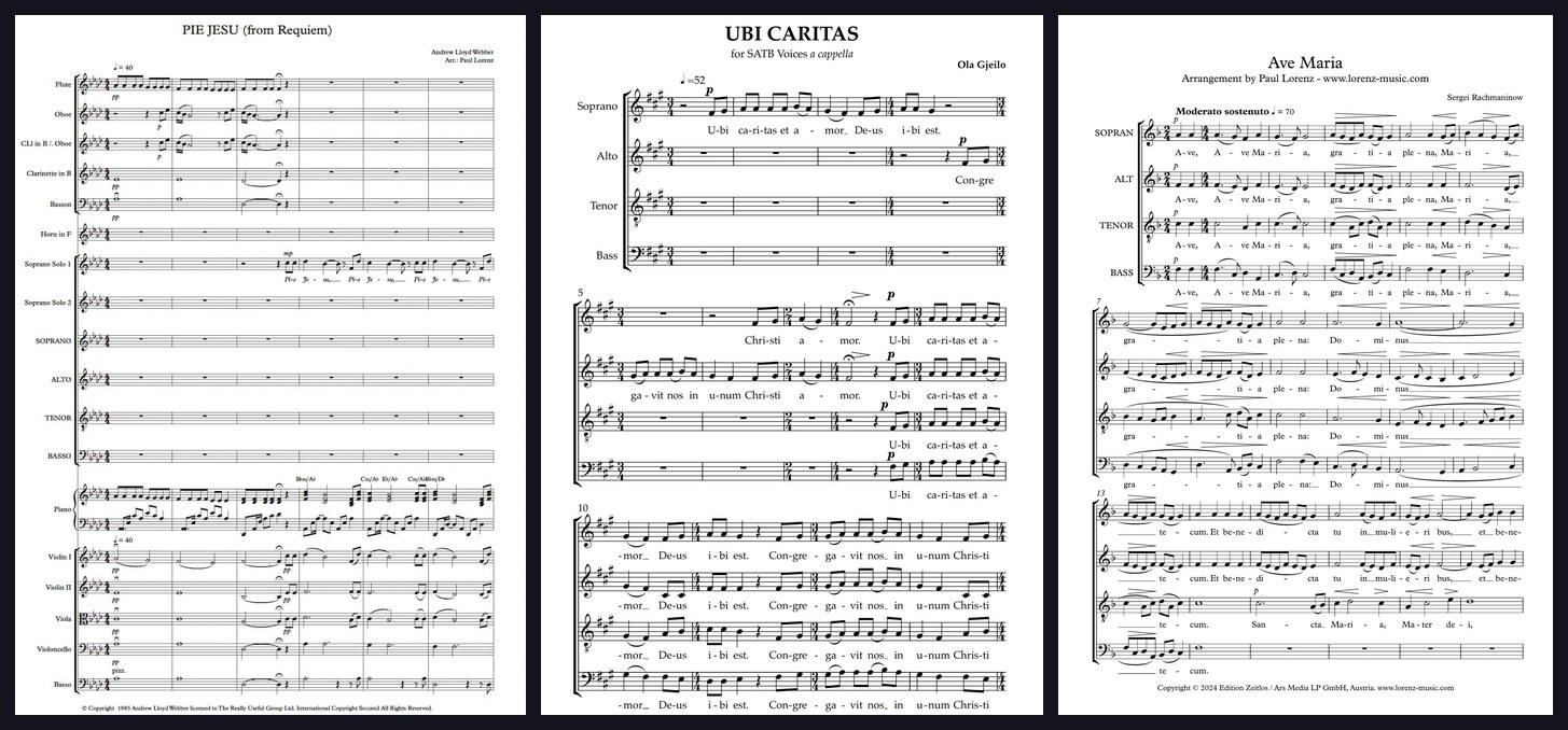 Sacred Choral Set — first pages of Pie Jesu, Ubi Caritas and Rachmaninoff's Ave Maria by Paul Lorenz