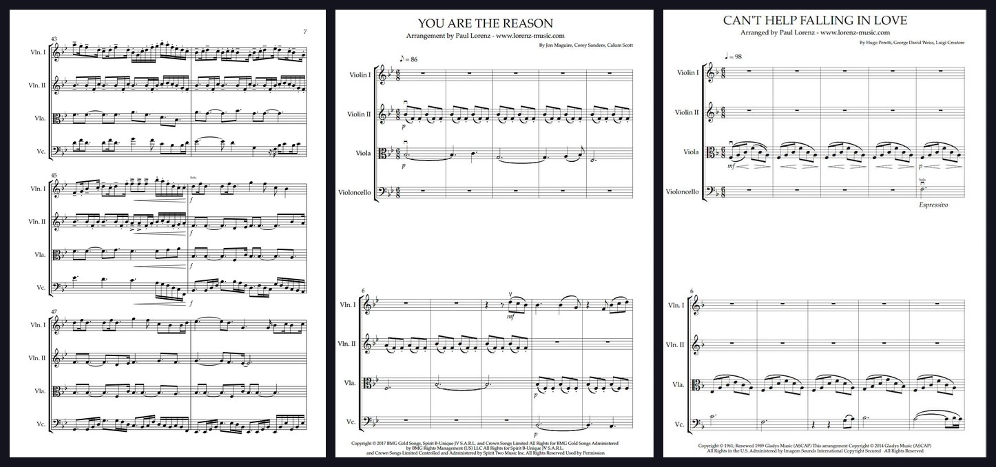 String Quartet Wedding Set — score pages of A Thousand Years, You Are the Reason and Can't Help Falling in Love by Paul Lorenz