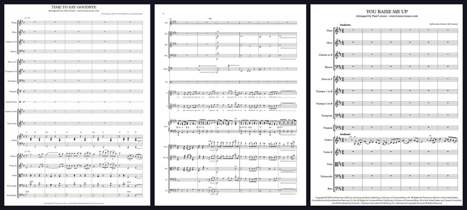 Wedding & Gala Orchestra Set — first pages of Time to Say Goodbye, The Prayer and You Raise Me Up by Paul Lorenz