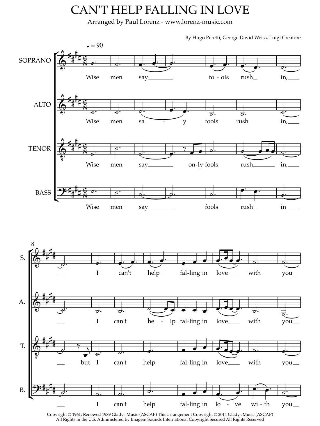 Can't Help Falling in Love sheet music preview — page 1 of the unaccompanied SATB score arranged by Paul Lorenz, E major, quarter note equals 90