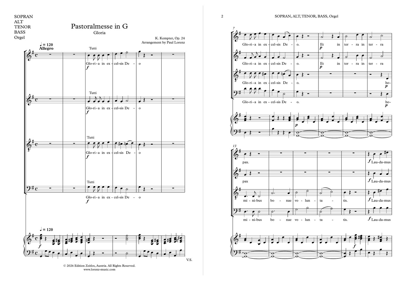 Kempter Pastoral Mass in G choral score preview — SATB voices with the complete organ part, Gloria