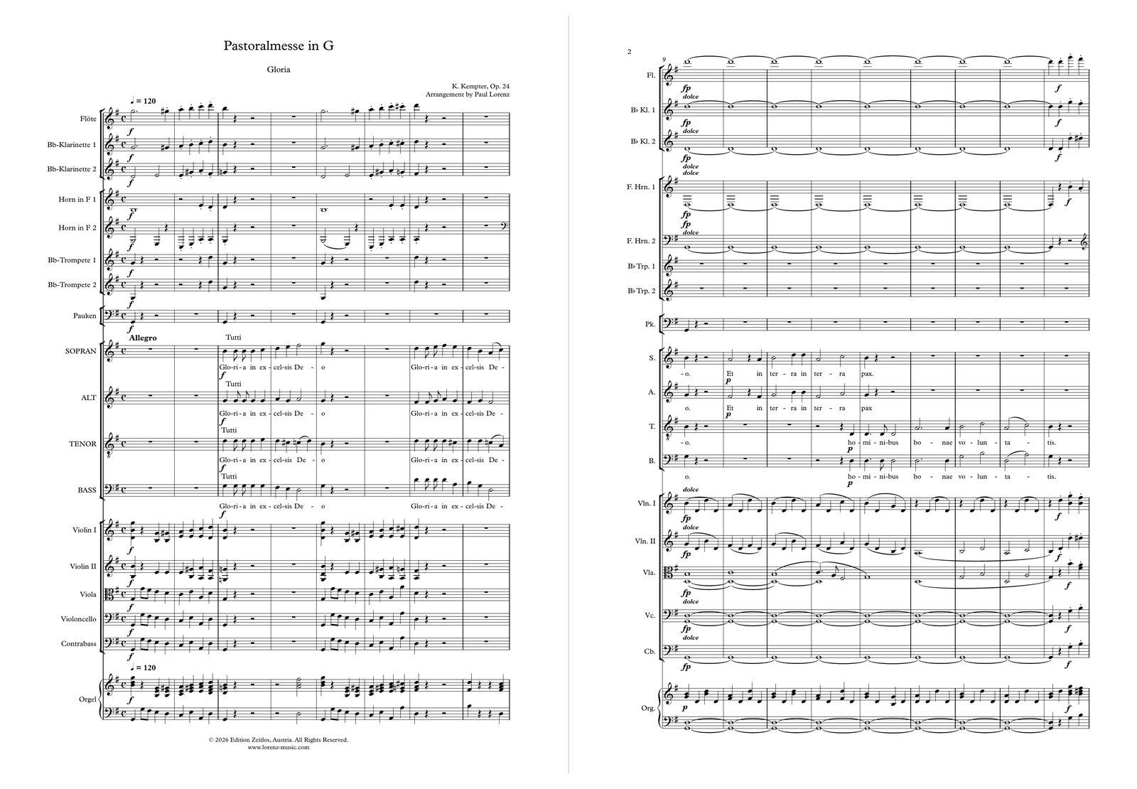 Kempter Pastoral Mass in G sheet music preview — conductor’s score of the Gloria for SATB choir, flute, clarinets, horns, trumpets, timpani, strings and organ