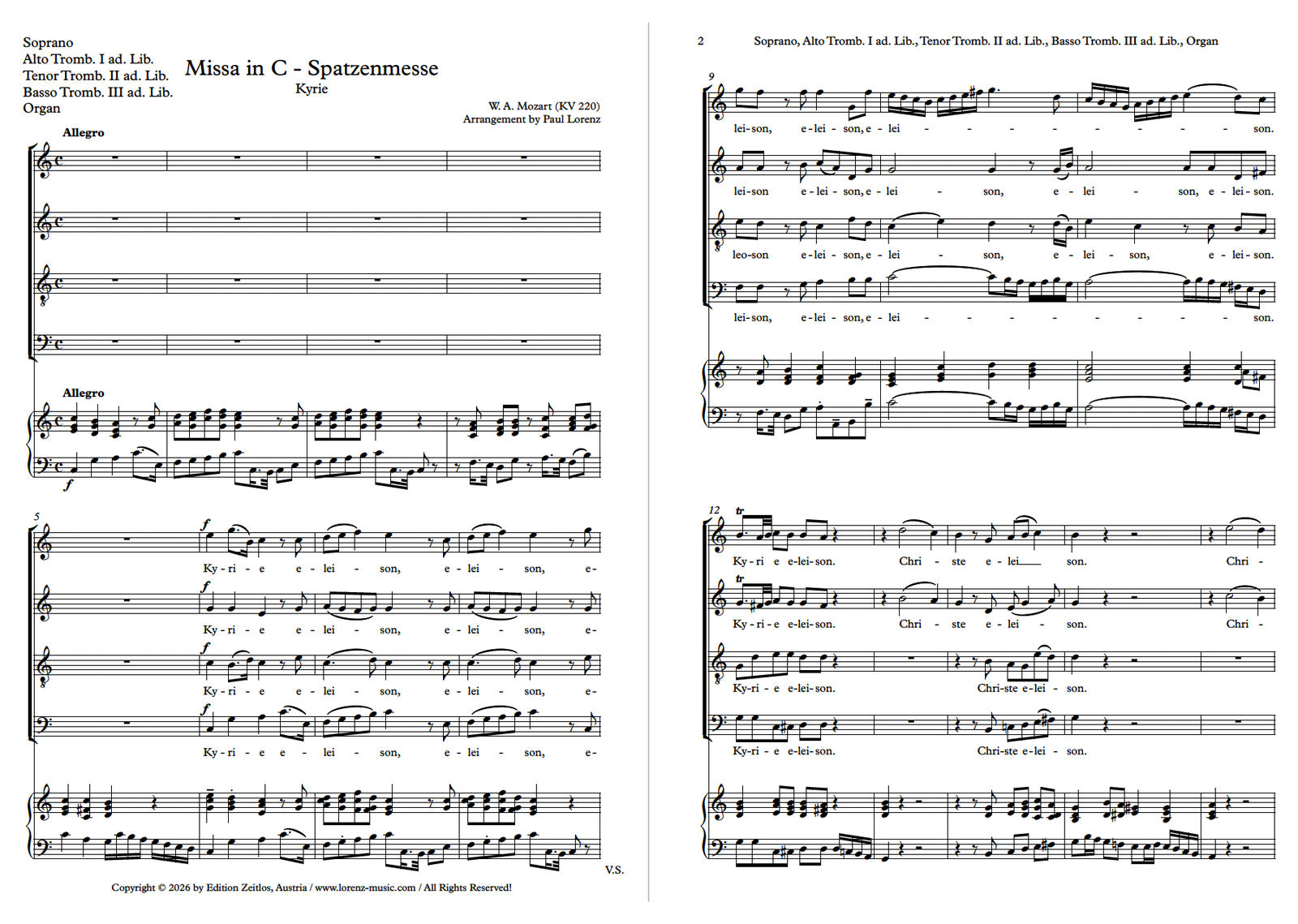 Mozart Sparrow Mass choral score preview — SATB vocal score with written-out organ part and trombone ad lib. cues