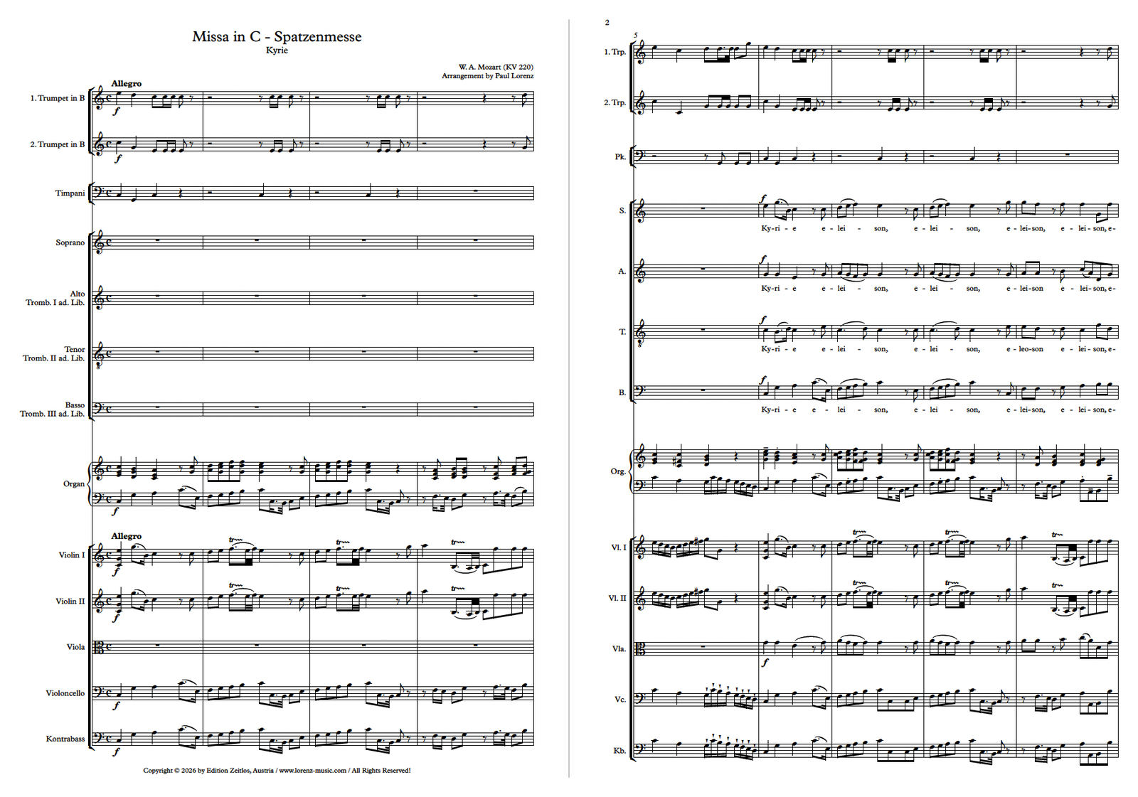 Mozart Sparrow Mass sheet music preview — conductor’s score of the Kyrie from Missa in C, KV 220, for choir, trumpets, timpani, strings and organ