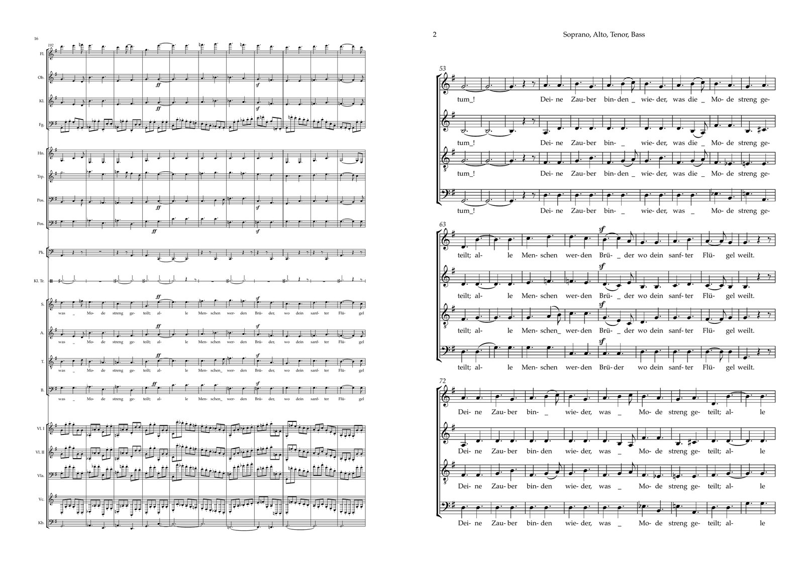Ode an die Freude Noten Vorschau — Orchestertutti bei „Alle Menschen werden Brüder“ neben einer Seite der exklusiven SATB-Chorpartitur