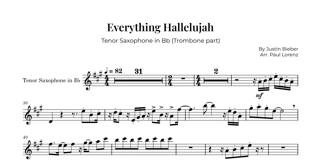 „Everything Hallelujah“: die Stimme für Posaune als Tenorsaxophon in B.