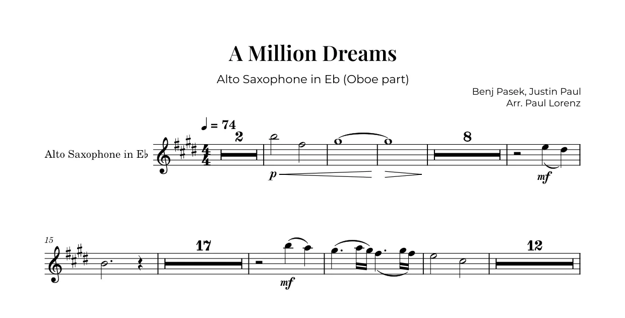 „A Million Dreams“: die Stimme für Oboe als Altsaxophon in Es.