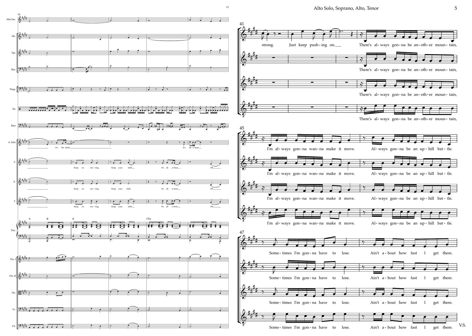 The Climb Noten-Vorschau — die vollständige Dirigierpartitur in den Takten 69–73 neben einer Seite der exklusiven Chorpartitur für Solo, Sopran, Alt und Tenor