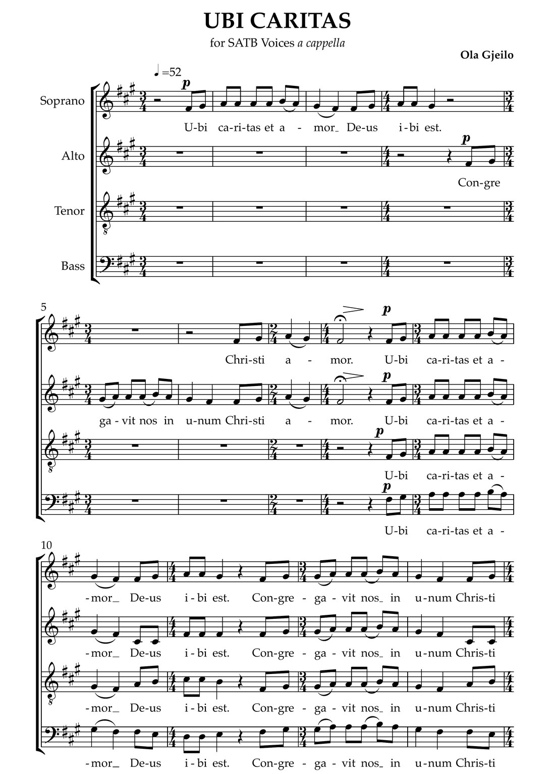 Ubi Caritas Chornoten Vorschau — Seite 1 der vierseitigen SATB-A-cappella-Partitur von Ola Gjeilo, A-Dur, Viertel gleich 52