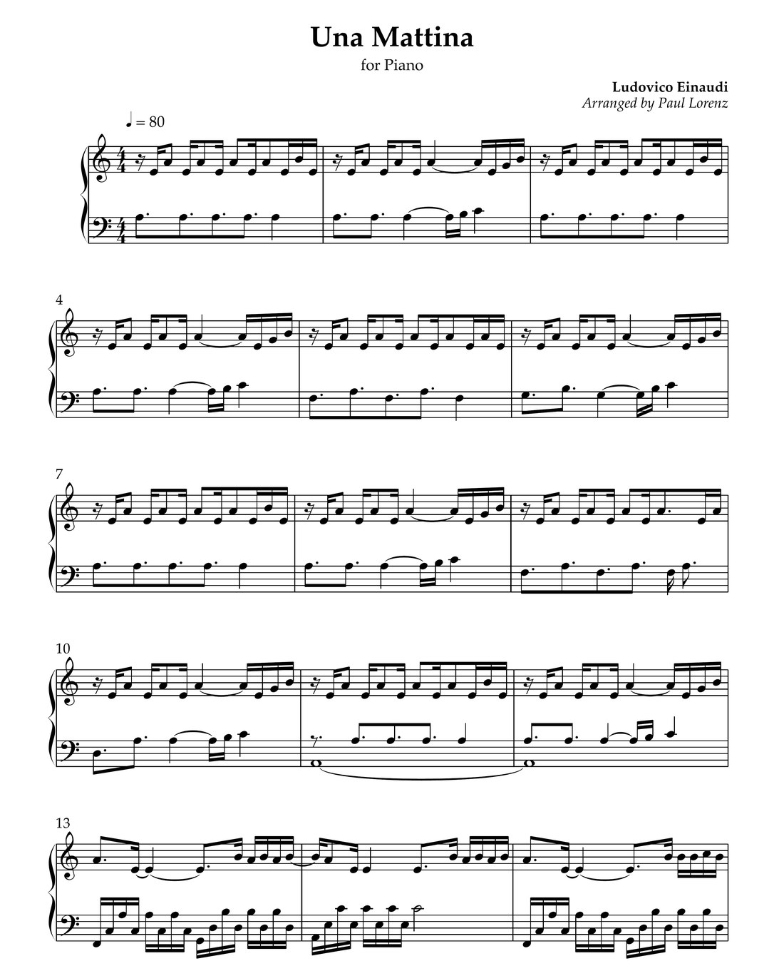 Una Mattina Klaviernoten Vorschau — Seite 1 der Klavierpartitur im Arrangement von Paul Lorenz, a-Moll, Viertel gleich 80