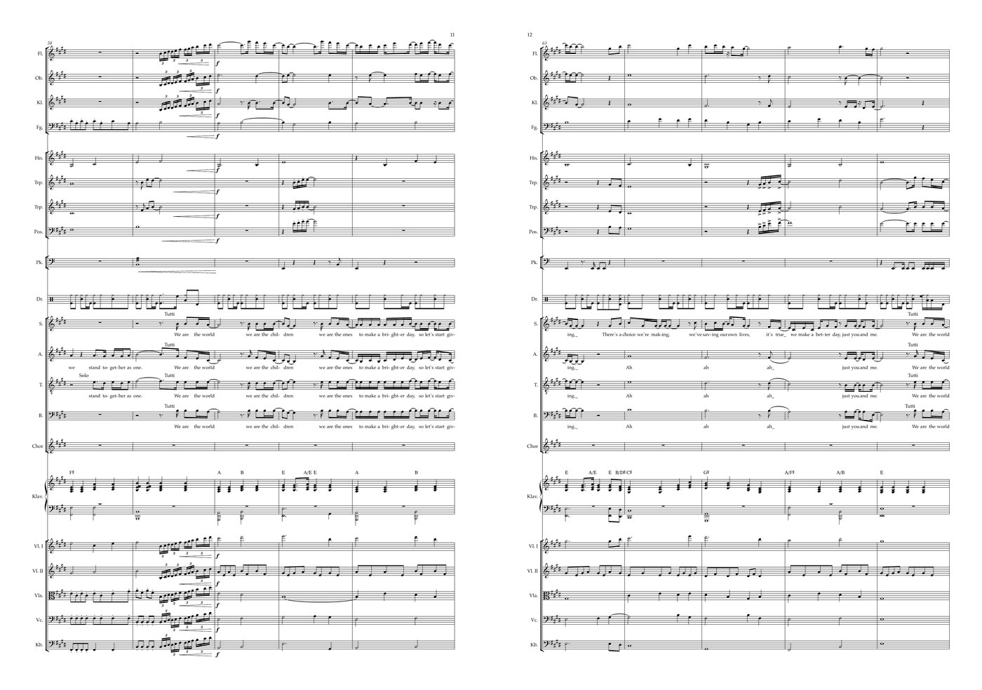 We Are The World Notenvorschau — Orchesterpartitur mit SATB-Chor im Tutti-Refrain, Takte 58–67
