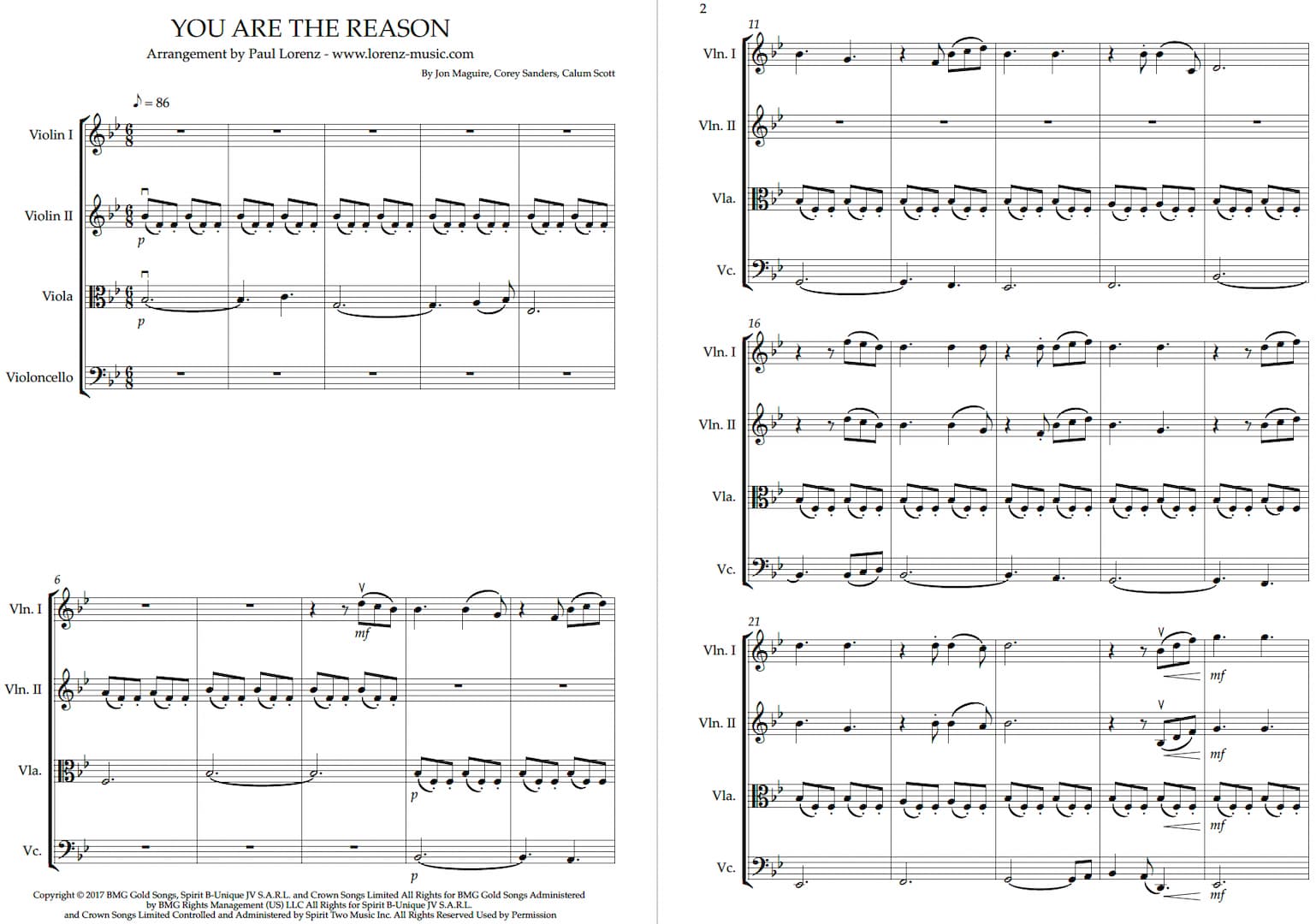 You Are the Reason Streichquartett Partitur Vorschau — Professionelle Paul-Lorenz-Bearbeitung